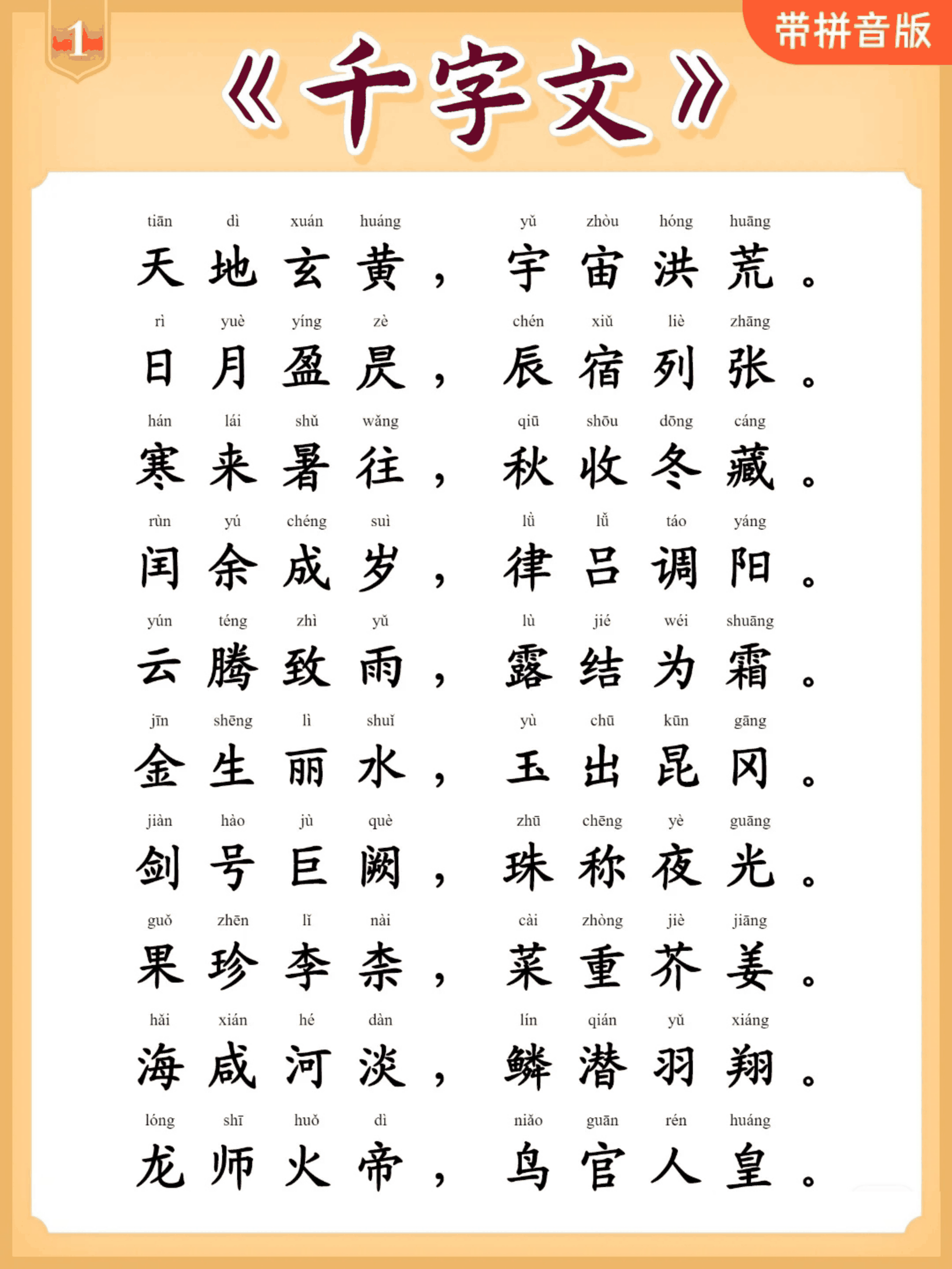 千字文全文及拼音注释 - 奇多作业纸